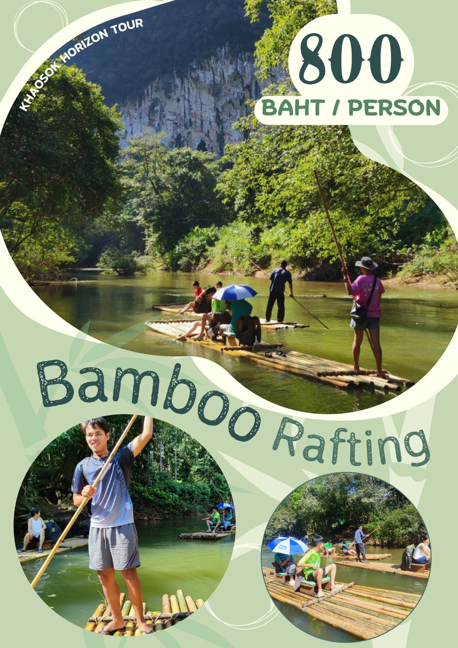 Bamboo rafting on the Khao Sok river beneath jungle cliffs